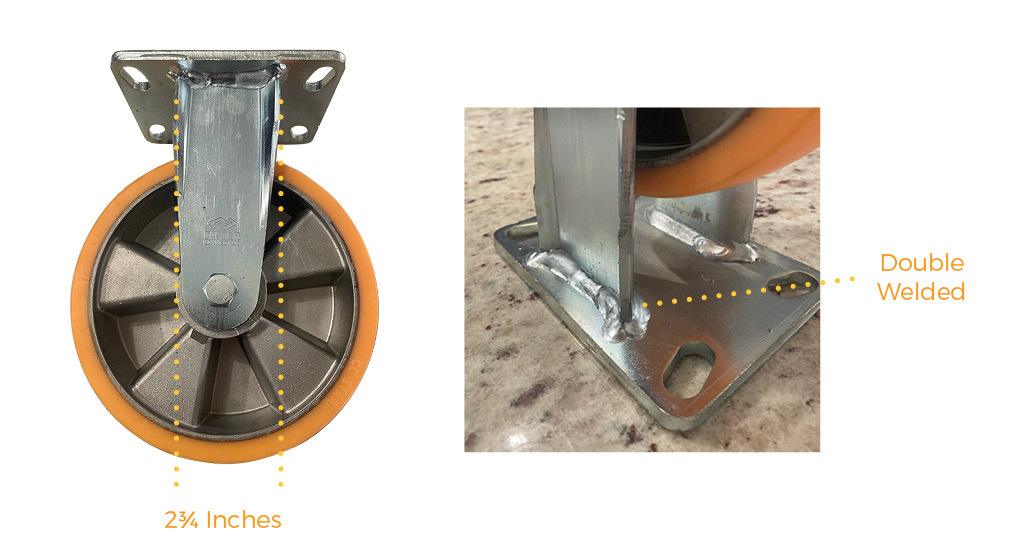 Caster Connection rigid caster with two-and -three-quarters-inch fork legs and double welding.