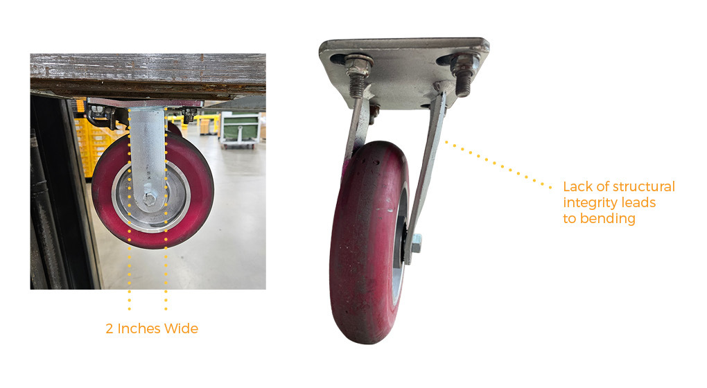 Competitor caster damage on top plate and 2-inch-wide fork legs.