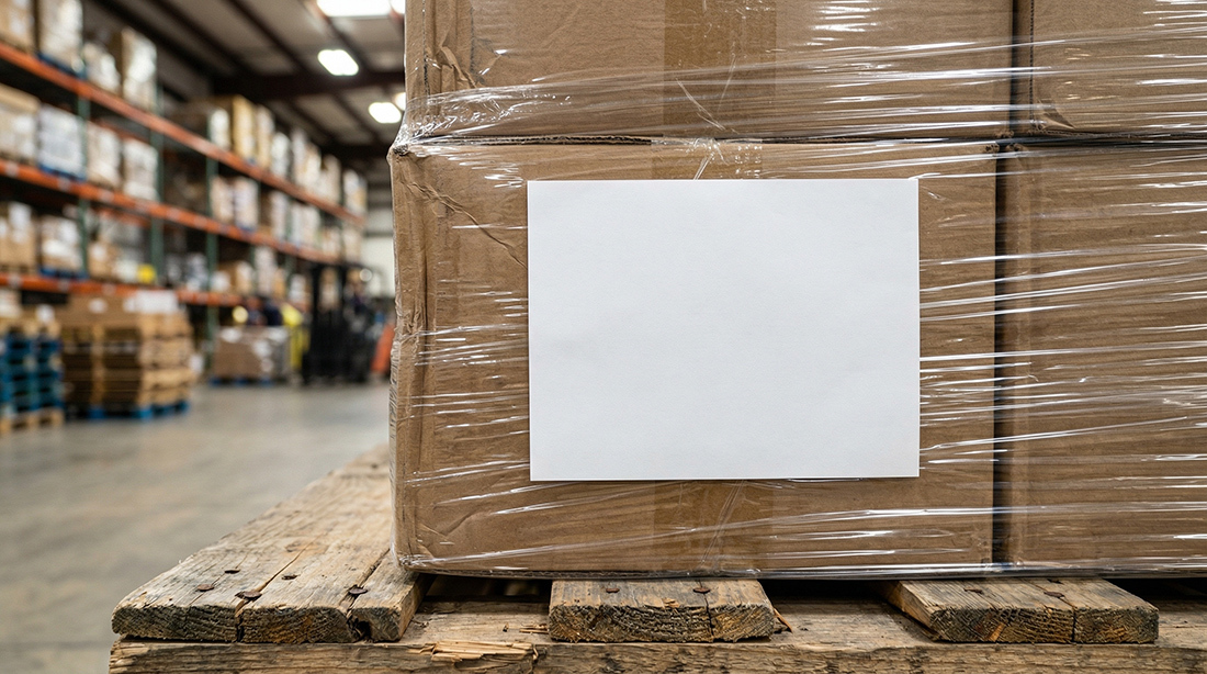 Pallet stacked with shrink wrapped boxes in a warehouse