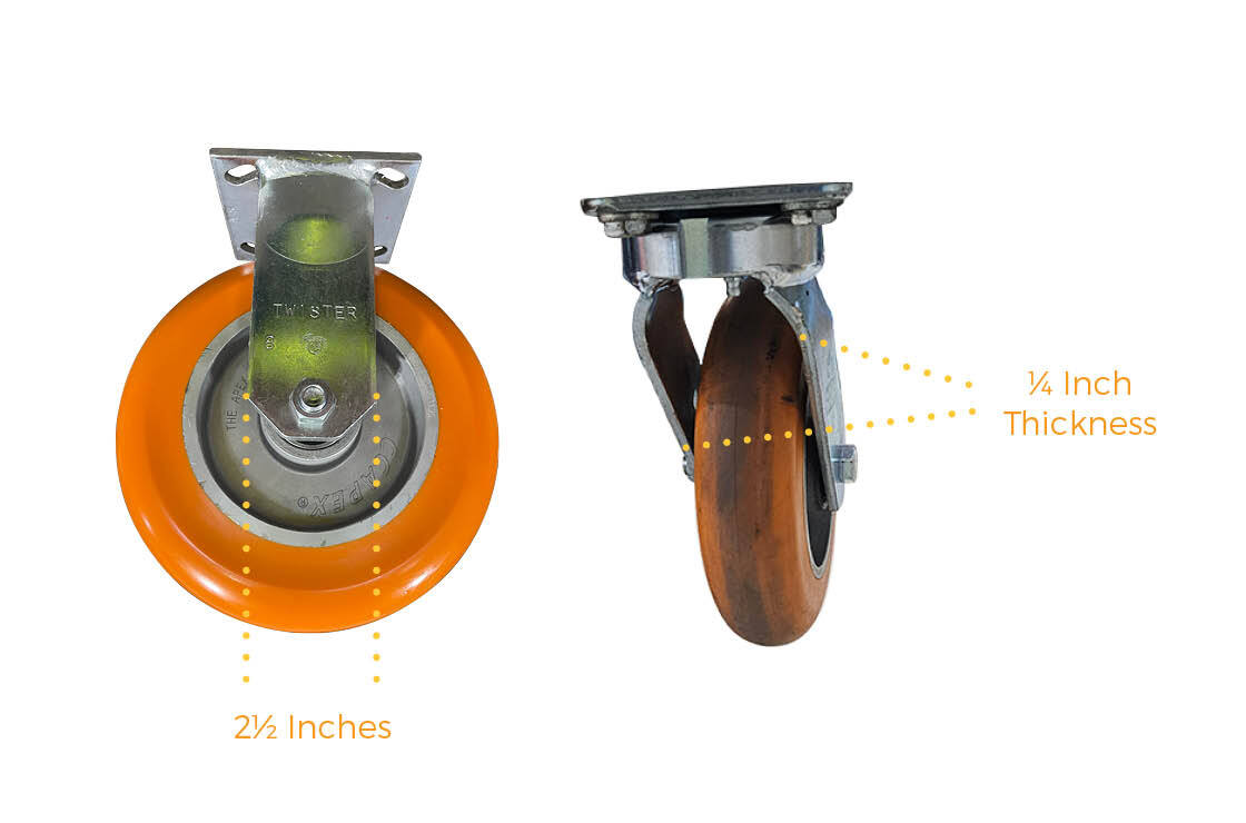 Side-by-side Caster Connection rigid and swivel small-plate casters showing the 2 and a half inch fork leg width and the quarter inch fork leg thickness
